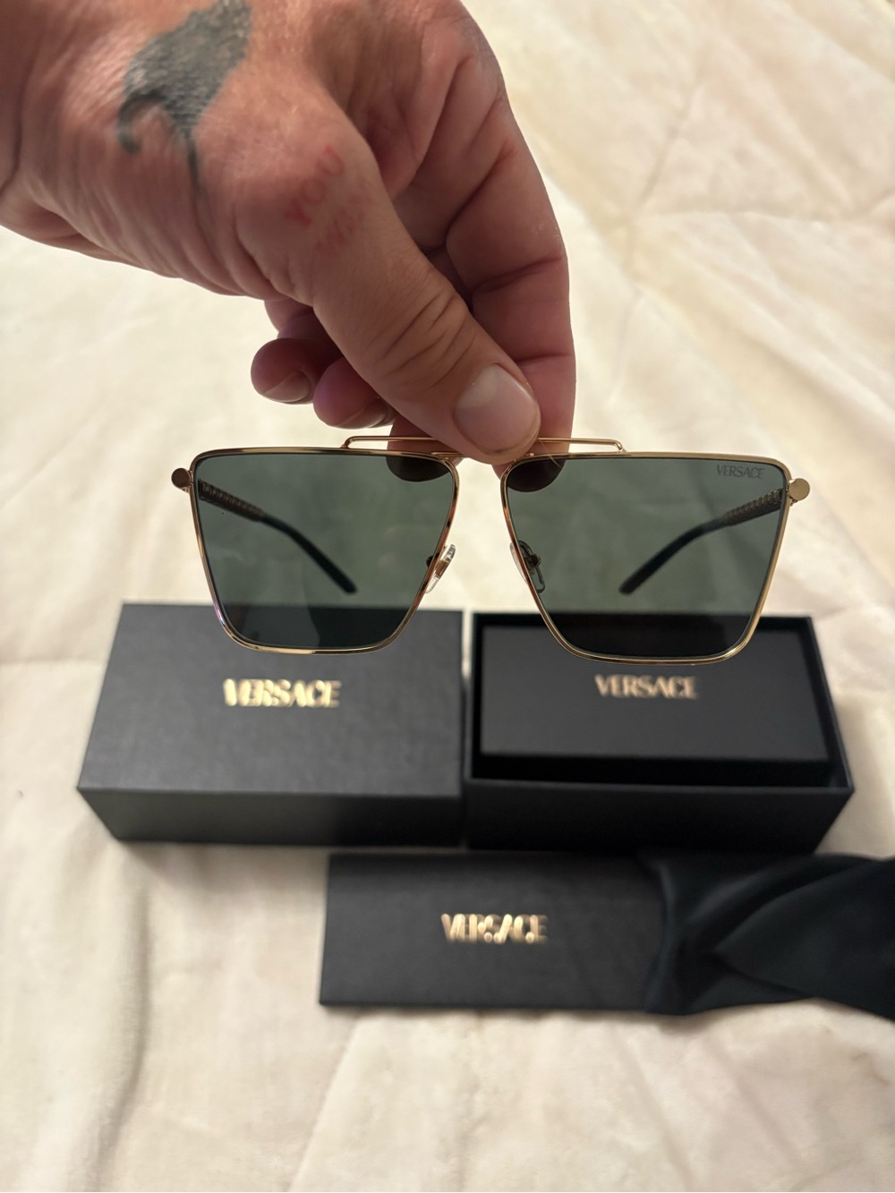 Versace Gold Frame Sunglasses with Dark Green Lenses